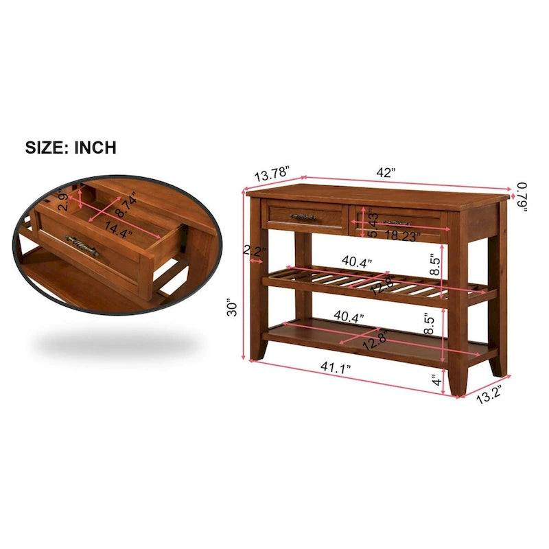 Table console de canapé avec 2 tiroirs de rangement et 2 étagères à niveaux, buffet en bois de 42 pouces pour salon, cuisine, entrée, couloir