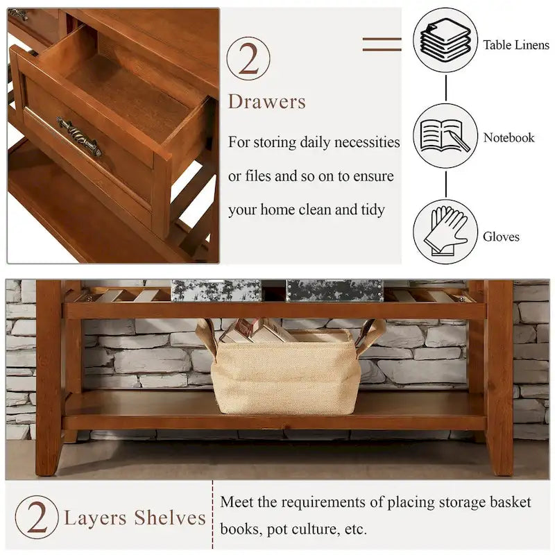 Table console de canapé avec 2 tiroirs de rangement et 2 étagères à niveaux, buffet en bois de 42 pouces pour salon, cuisine, entrée, couloir