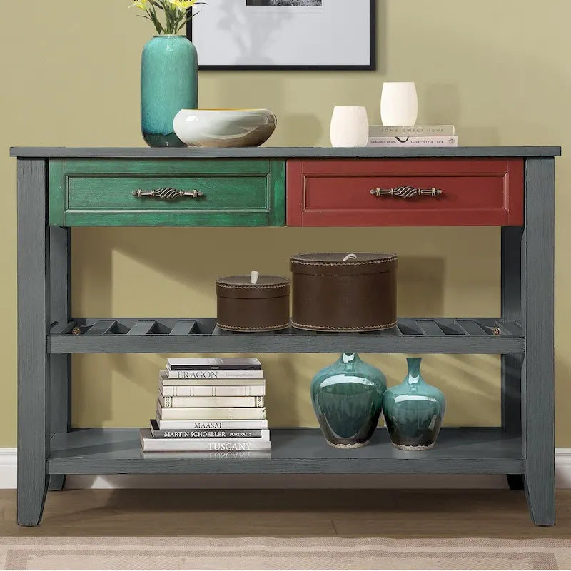 Table console de canapé avec 2 tiroirs de rangement et 2 étagères à niveaux, buffet en bois de 42 pouces pour salon, cuisine, entrée, couloir
