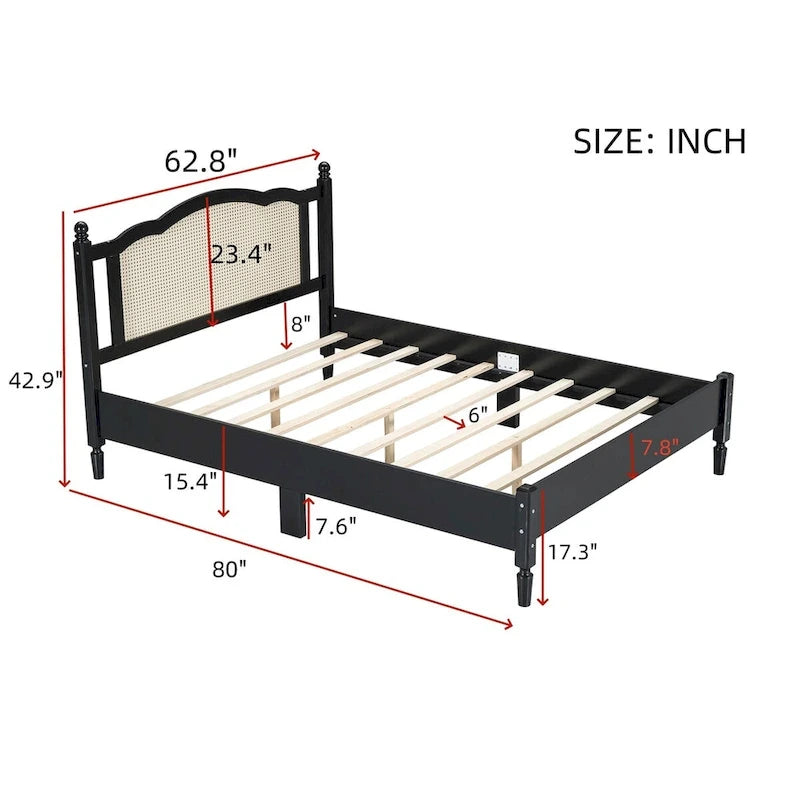 Lit plateforme queen en bois avec tête de lit en rotin naturel